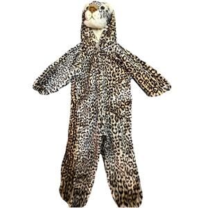 Kids Leopard Cheetah One-Piece Costume Plush Hooded Zip Pajamas Size 4T